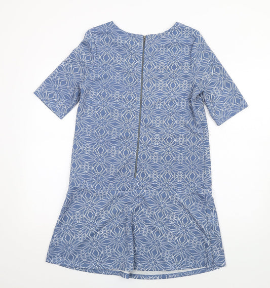 NEXT Womens Blue Geometric Polyester A-Line Size 8 Round Neck Zip