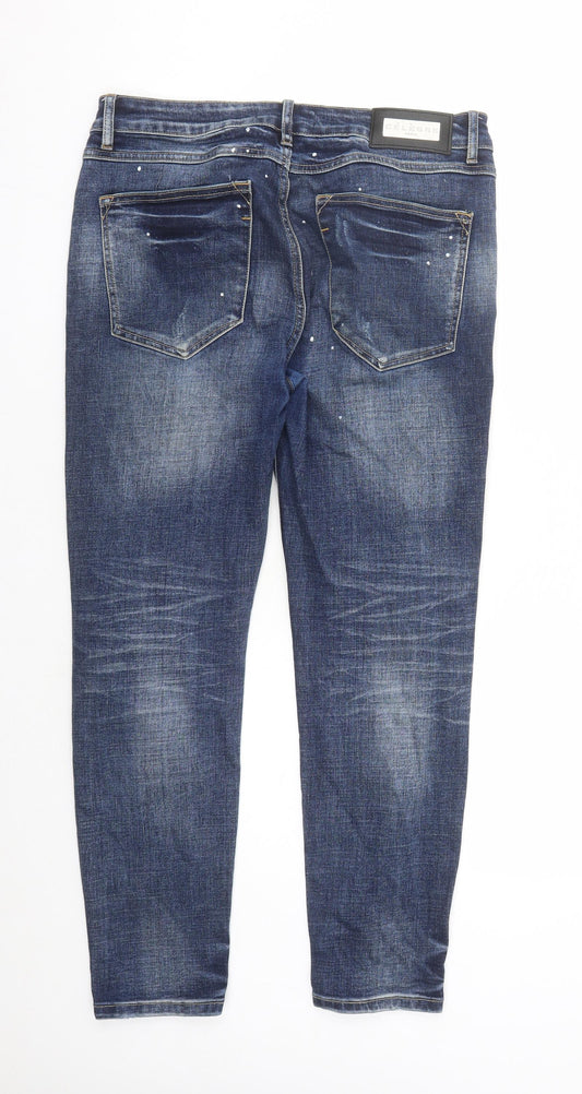 Celebre Mens Blue Cotton Straight Jeans Size 32 in L28 in Regular Button - Paint Splatter