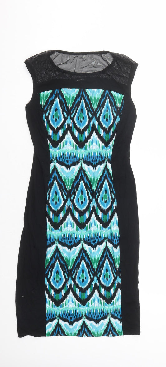 Additional front view of Roman women’s black geometric viscose a-line, size UK 10, round neck pullover