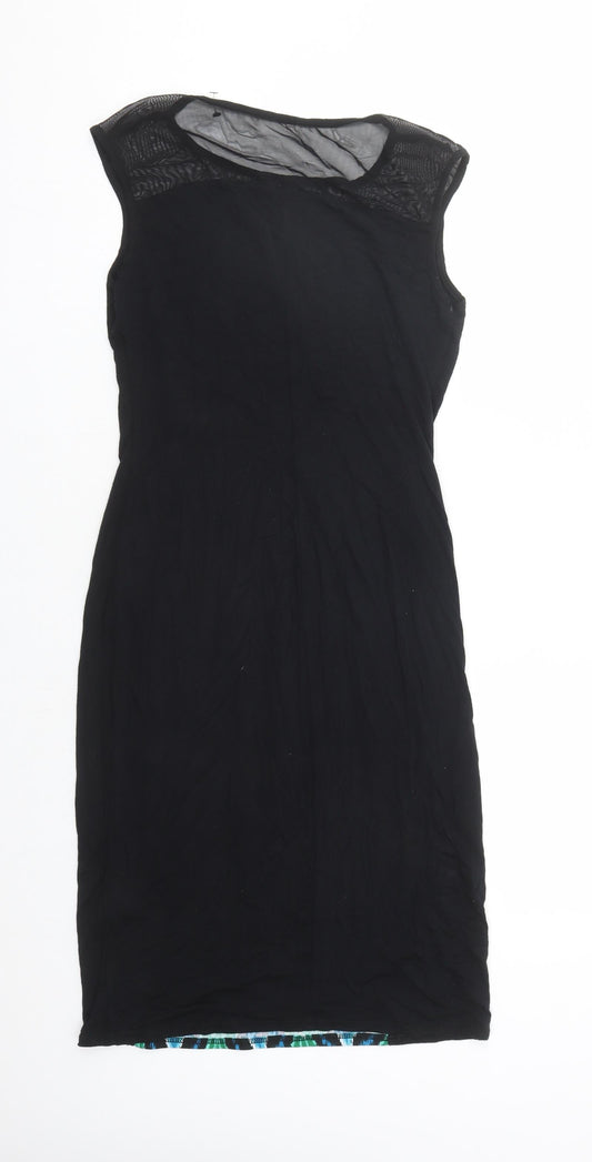 Roman Womens Black Geometric Viscose A-Line Size 10 Round Neck Pullover