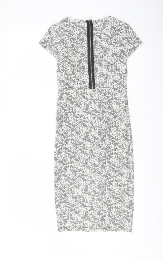 Miss Selfridge Womens White Floral Cotton Bodycon Size 8 Crew Neck Zip