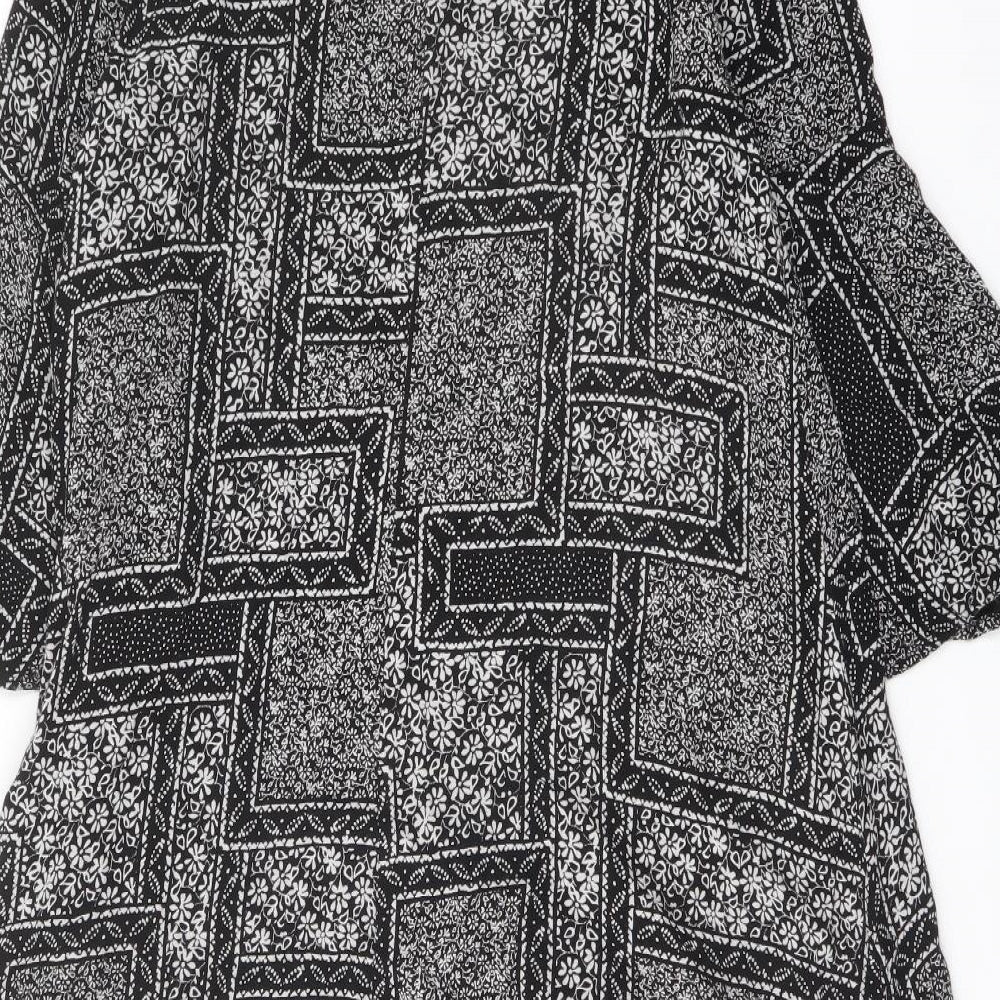 Marks and Spencer Womens Black Geometric Viscose A-Line Size 14 Round Neck Button