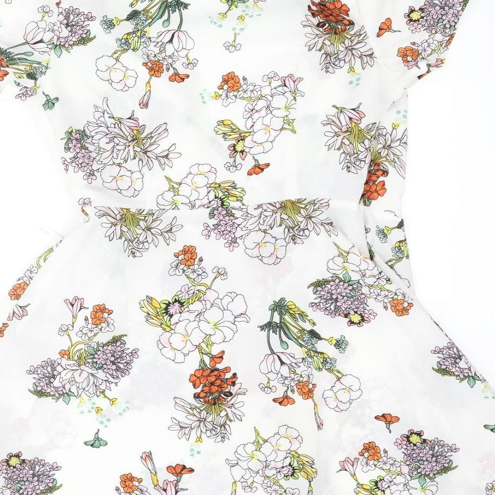 PRETTYLITTLETHING Womens White Floral Polyester Wrap Dress Size 8 V-Neck Tie
