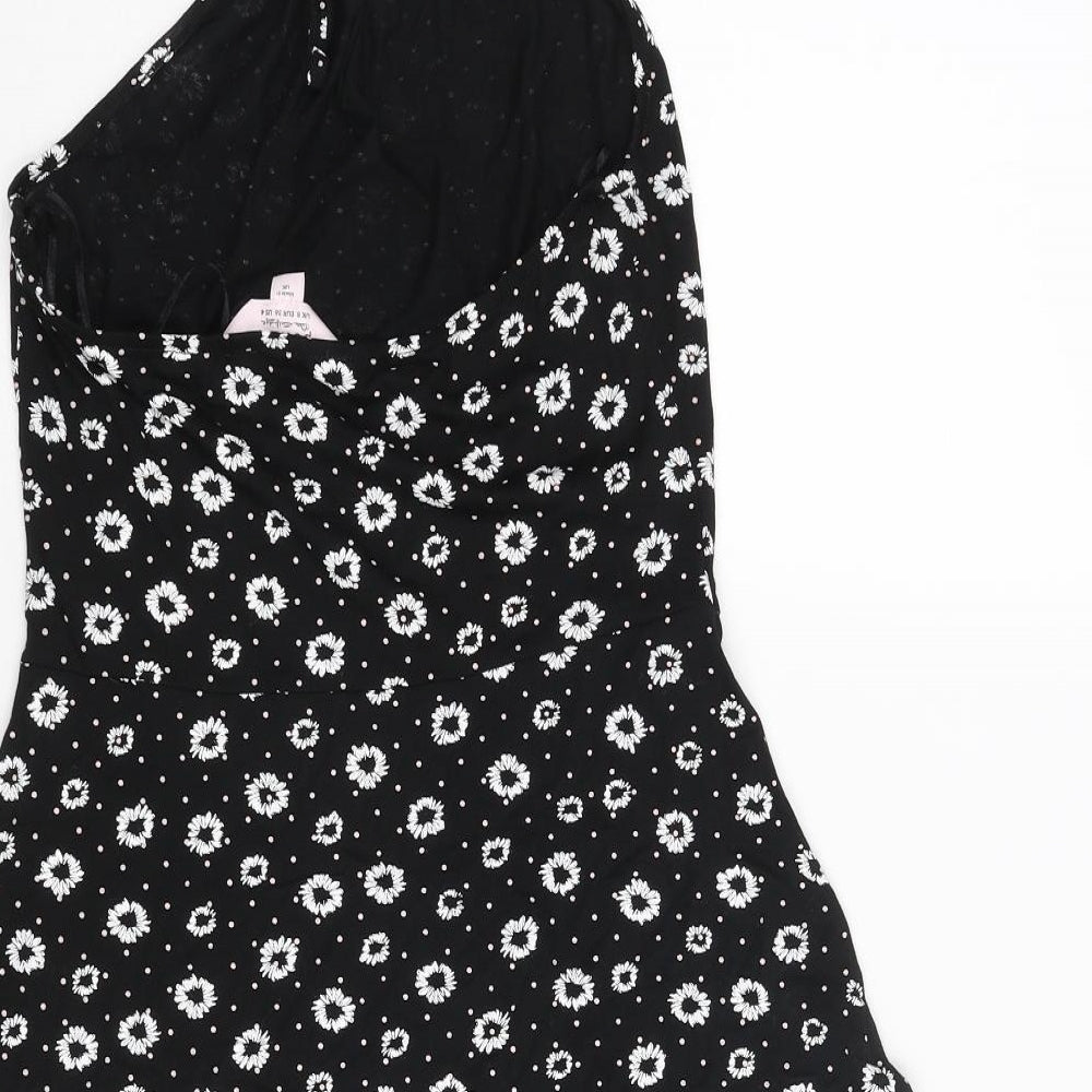 Brand and care label for Miss Selfridge women’s black geometric viscose a-line, size UK 8, halter tie - floral print
