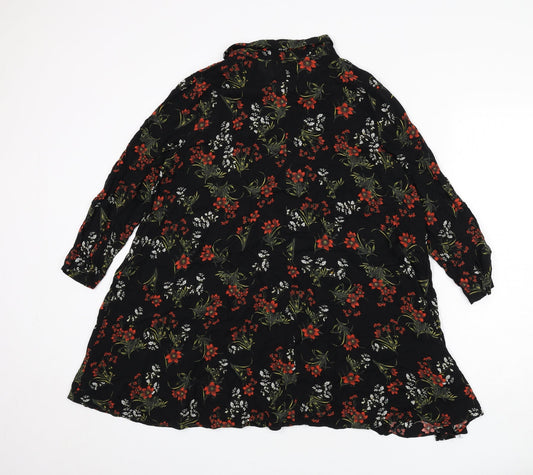 Zara Womens Black Floral Polyester Shirt Dress Size M Collared Button