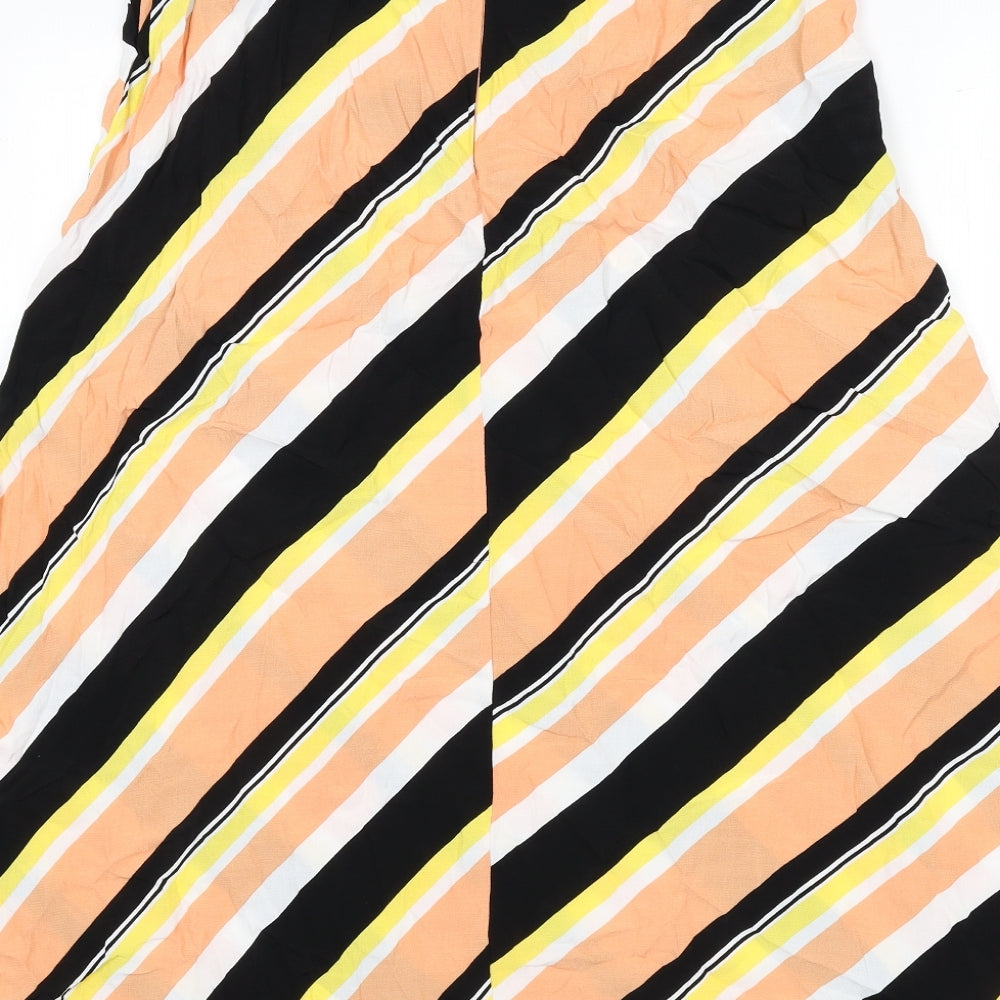 Brand and care label for ASOS women’s multicoloured striped viscose flare skirt, size UK 18, zip - side slit