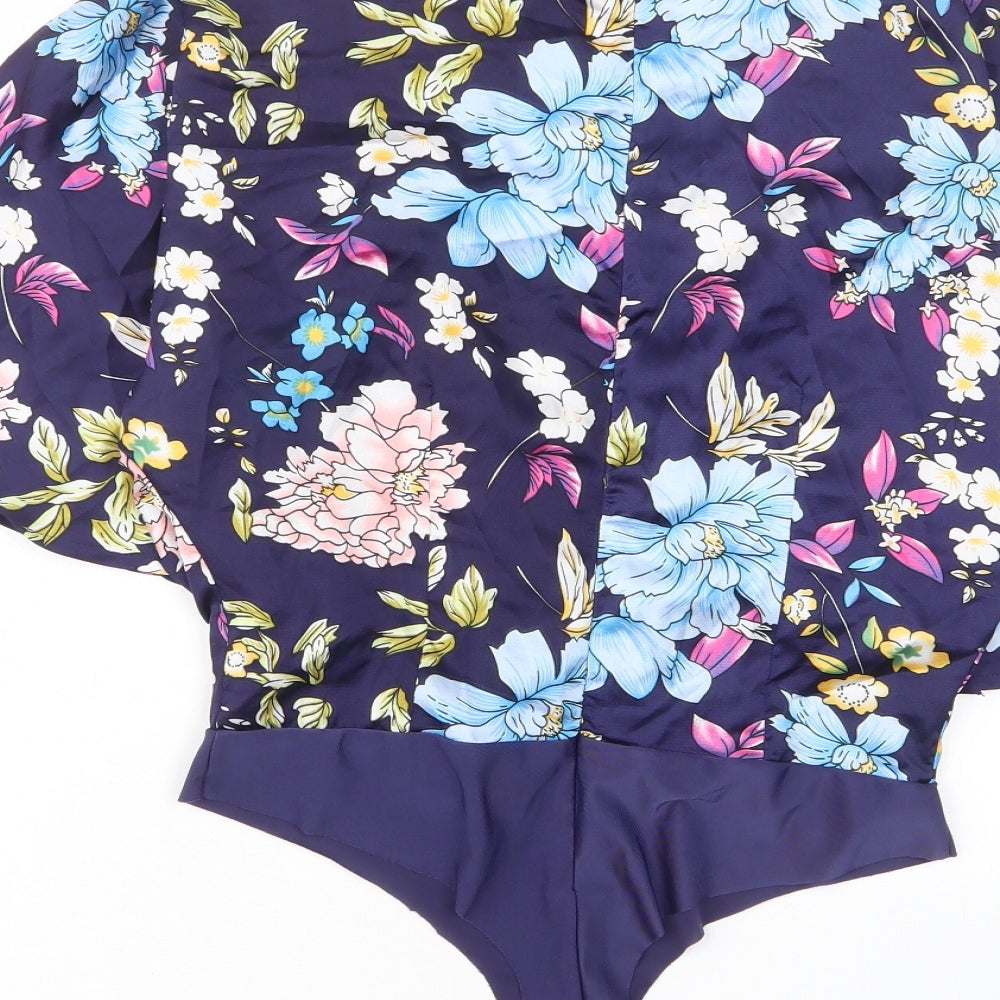 NAANAA Womens Blue Floral Polyester Bodysuit One-Piece Size 10 Zip