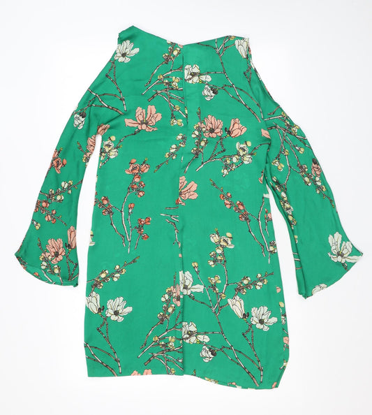 Zara Womens Green Floral Polyester A-Line Size XS Boat Neck Pullover - Cold Shoulder