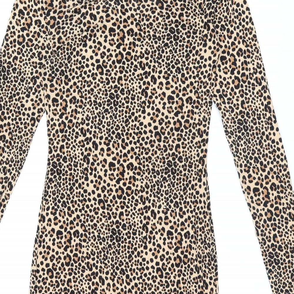 H&M Womens Beige Animal Print Viscose Bodycon Size 8 Scoop Neck Pullover - Leopard print