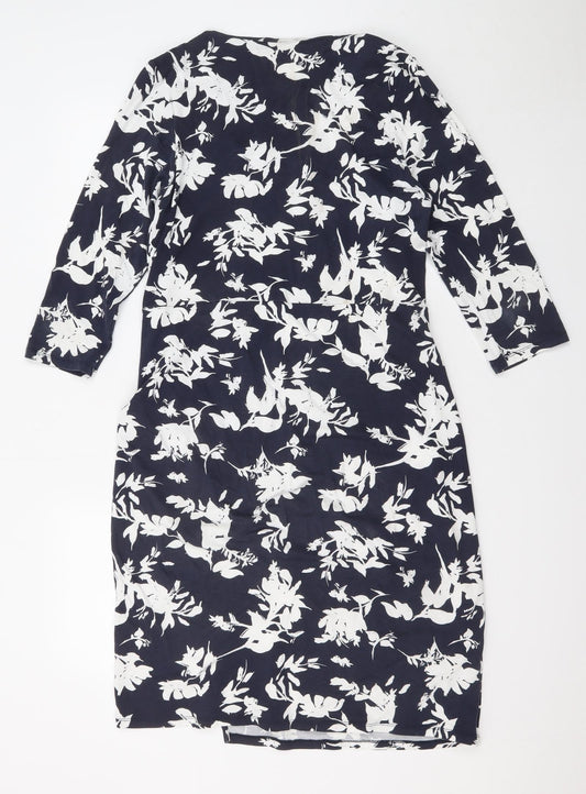 Pure Womens Blue Floral Polyester A-Line Size 16 V-Neck Pullover