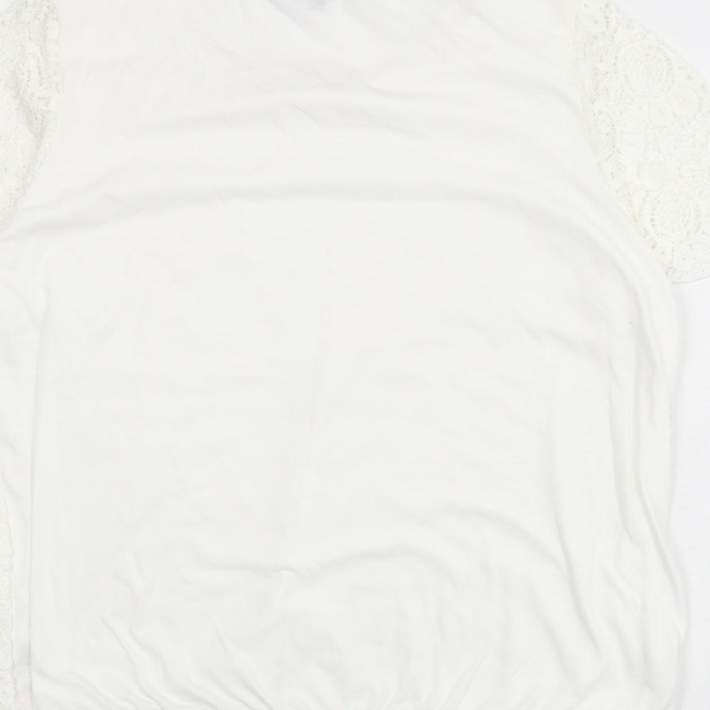 Bonmarché Womens White Geometric Polyester Basic T-Shirt Size 18 Scoop Neck - Lace Overlay