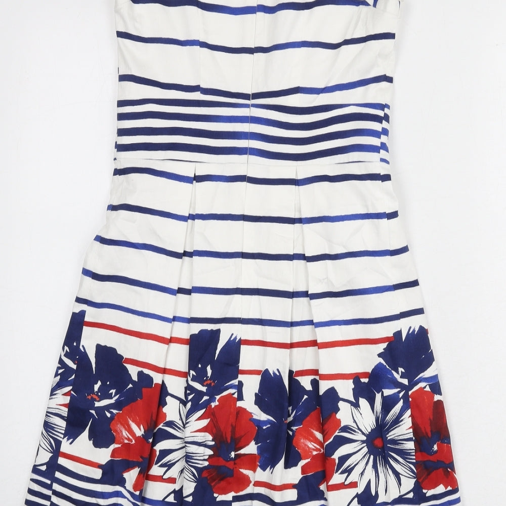 Pepperberry Womens White Striped Cotton Fit & Flare Size 8 V-Neck Zip - Flowers