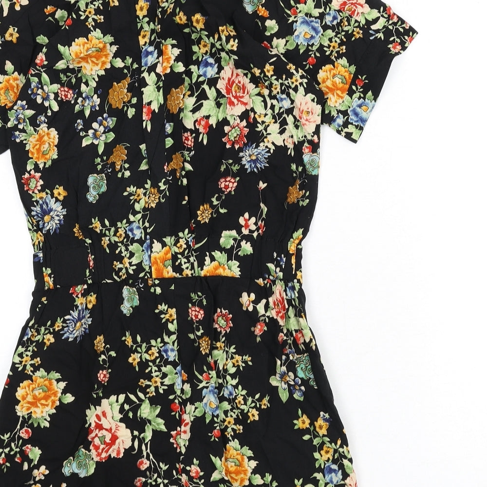 Warehouse Womens Black Floral Viscose Romper One-Piece Size 6 L3 in Button