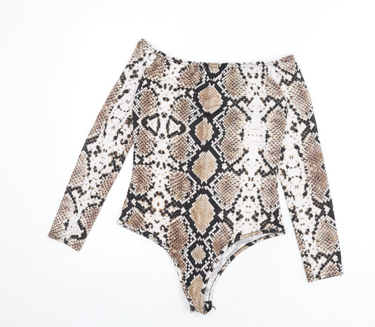 PRETTYLITTLETHING Womens Multicoloured Animal Print Polyester Bodysuit One-Piece Size 10 Snap - Snake Skin Print