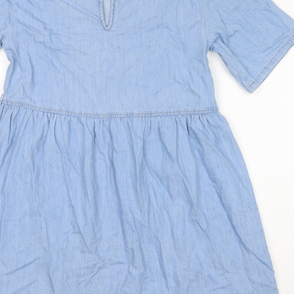 Brand and care label for Divided by H&M women’s blue cotton t-shirt dress size 3xs round neck button