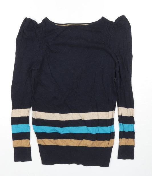 Additional front view of Betty Jackson women’s black round neck striped cotton jumper, size UK 10