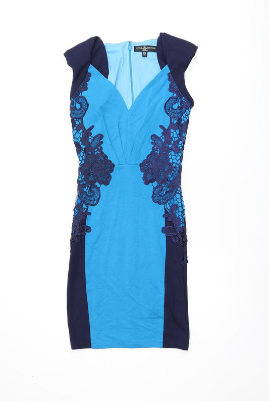Little Mistress Womens Blue Viscose Bodycon Size 8 V-Neck Zip - Crochet Detail
