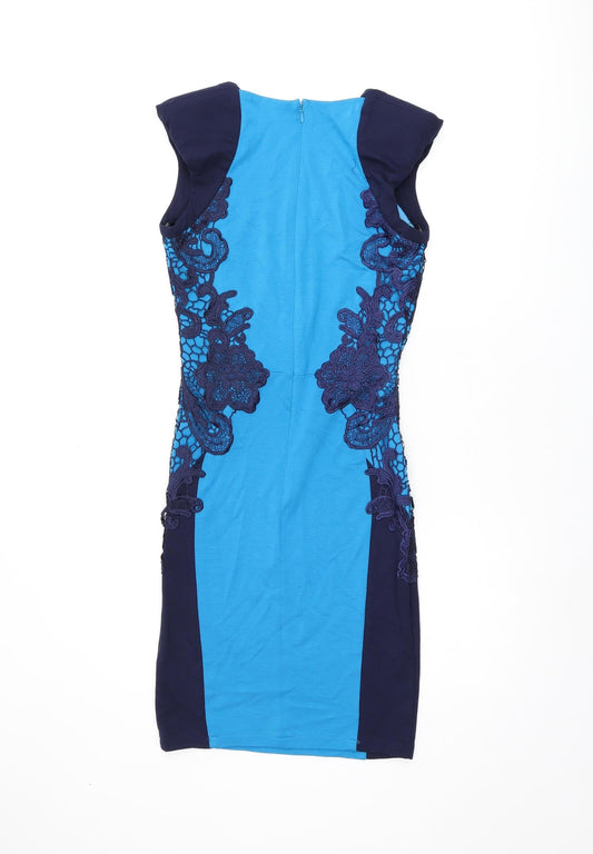 Little Mistress Womens Blue Viscose Bodycon Size 8 V-Neck Zip - Crochet Detail