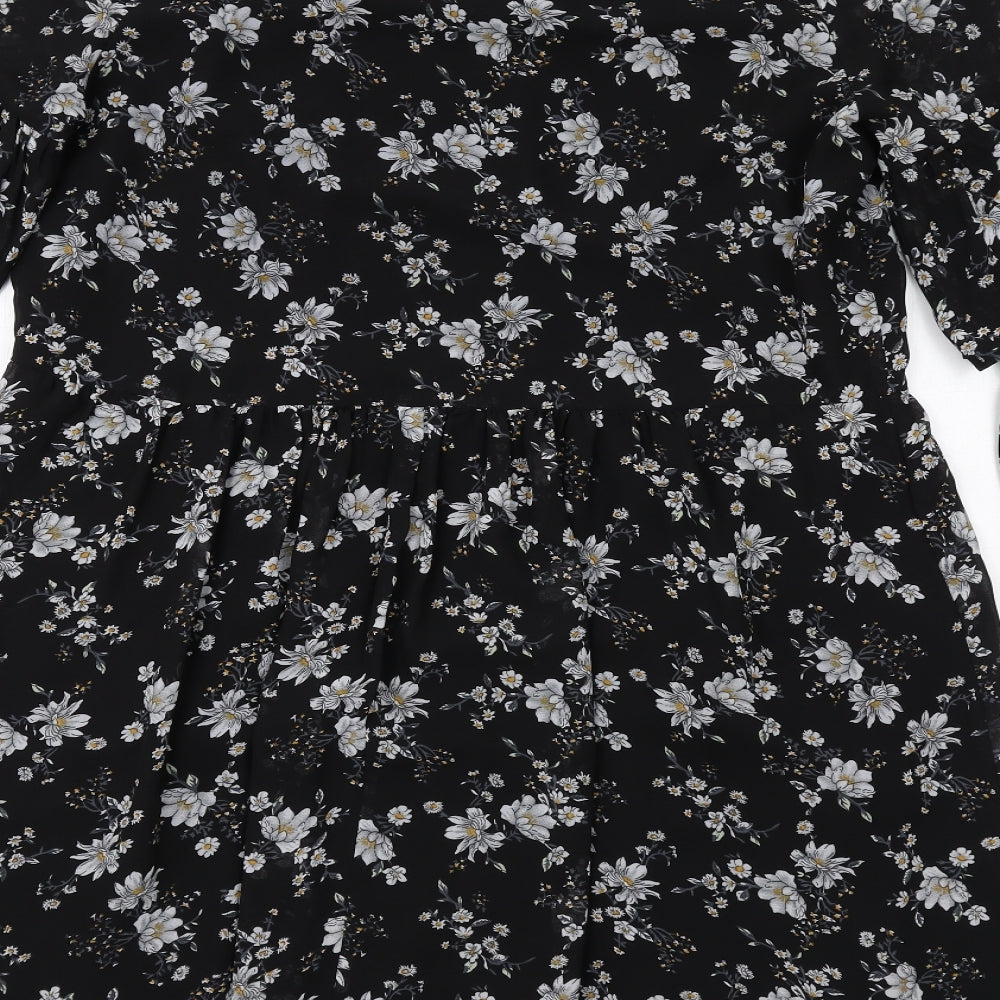 Carry Casual Womens Black Floral Polyester A-Line Size L V-Neck Pullover