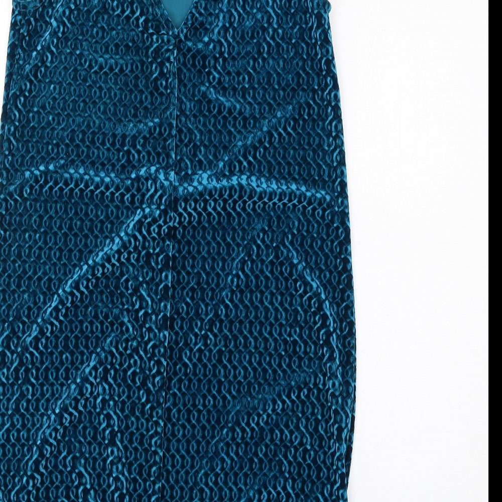 Topshop Womens Blue Geometric Polyester Tank Dress Size 10 Round Neck Pullover - Tassel Hem