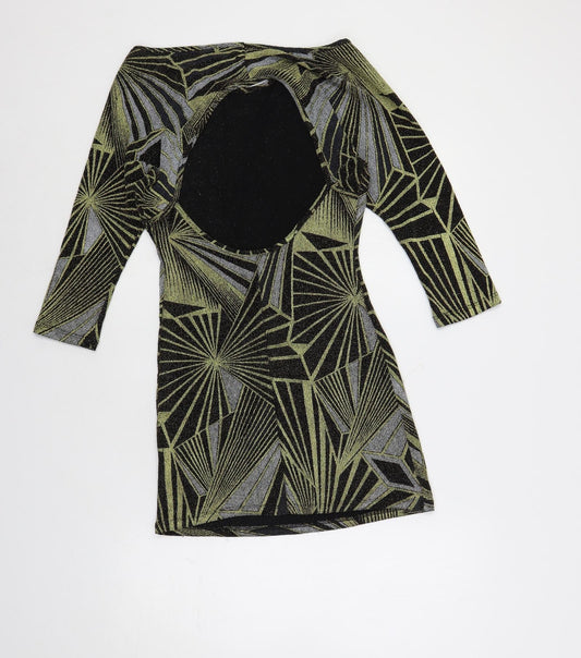 Topshop Womens Black Geometric Polyamide Mini Size 10 Boat Neck Pullover - Cut Out Detail