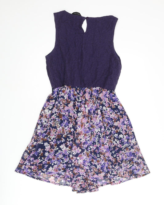 New Look Womens Purple Polyester A-Line Size 8 Round Neck Button - Floral Skirt