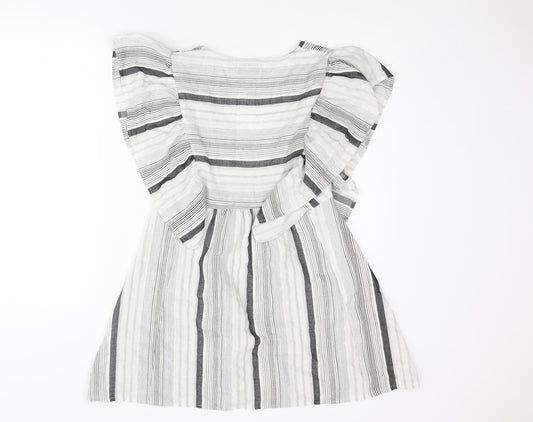 Pull&Bear Womens Grey Striped Polyester A-Line Size S V-Neck Pullover - Frill