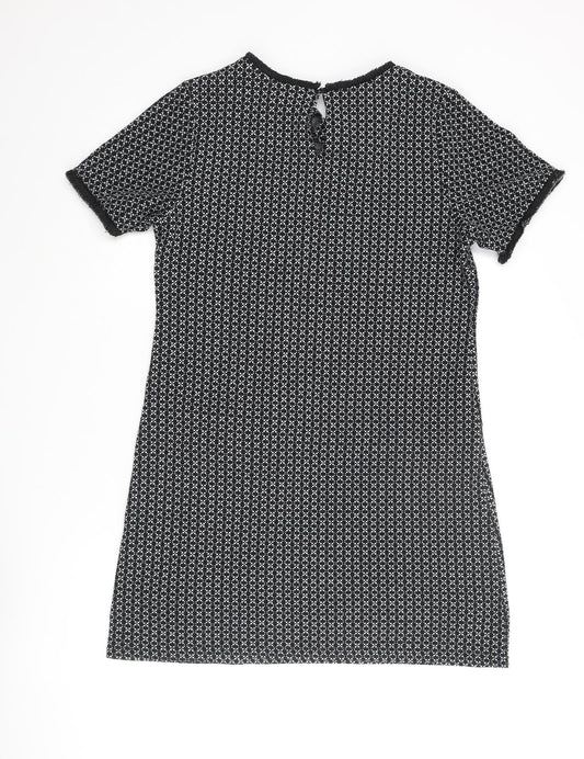 Miss Selfridge Womens Black Geometric Polyester Shift Size 12 Round Neck Button