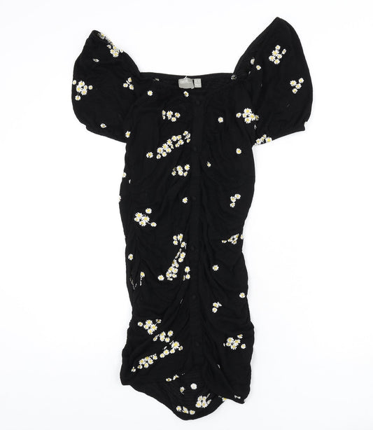 ASOS Womens Black Floral Viscose Bodycon Size 12 Off the Shoulder Button - Floral Embroidery, Ruched, Milk Maid