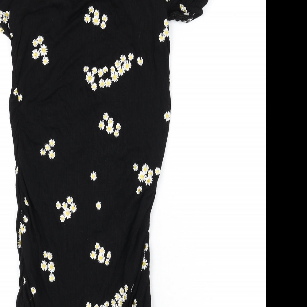 Brand and care label for ASOS women’s black floral viscose bodycon, off the shoulder button - floral embroidery, ruched, milk