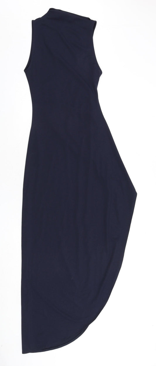 Pull&Bear Womens Blue Polyester Bodycon Size M Round Neck Pullover - Ruched Sides, Slit