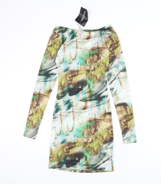 PRETTYLITTLETHING Womens Multicoloured Geometric Polyester Bodycon Size 8 V-Neck Tie - Cut Out Detail