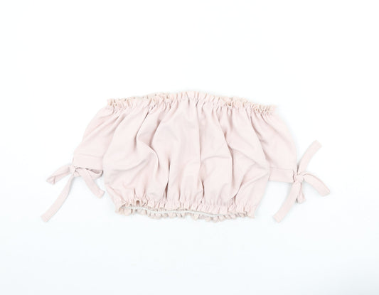 New Look Womens Pink Polyester Cropped T-Shirt Size 10 Off the Shoulder - Tie Sleeve Detail, Bardot