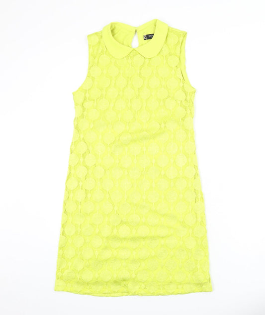 Additional front view of Principles women’s yellow geometric polyester sheath, size UK 10, collared button