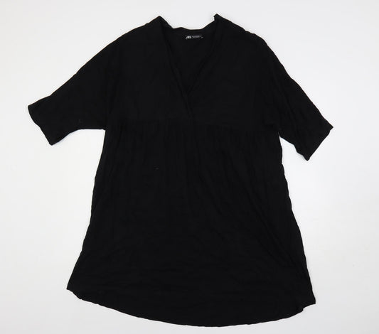 Zara Womens Black Cotton Trapeze & Swing Size M V-Neck Pullover