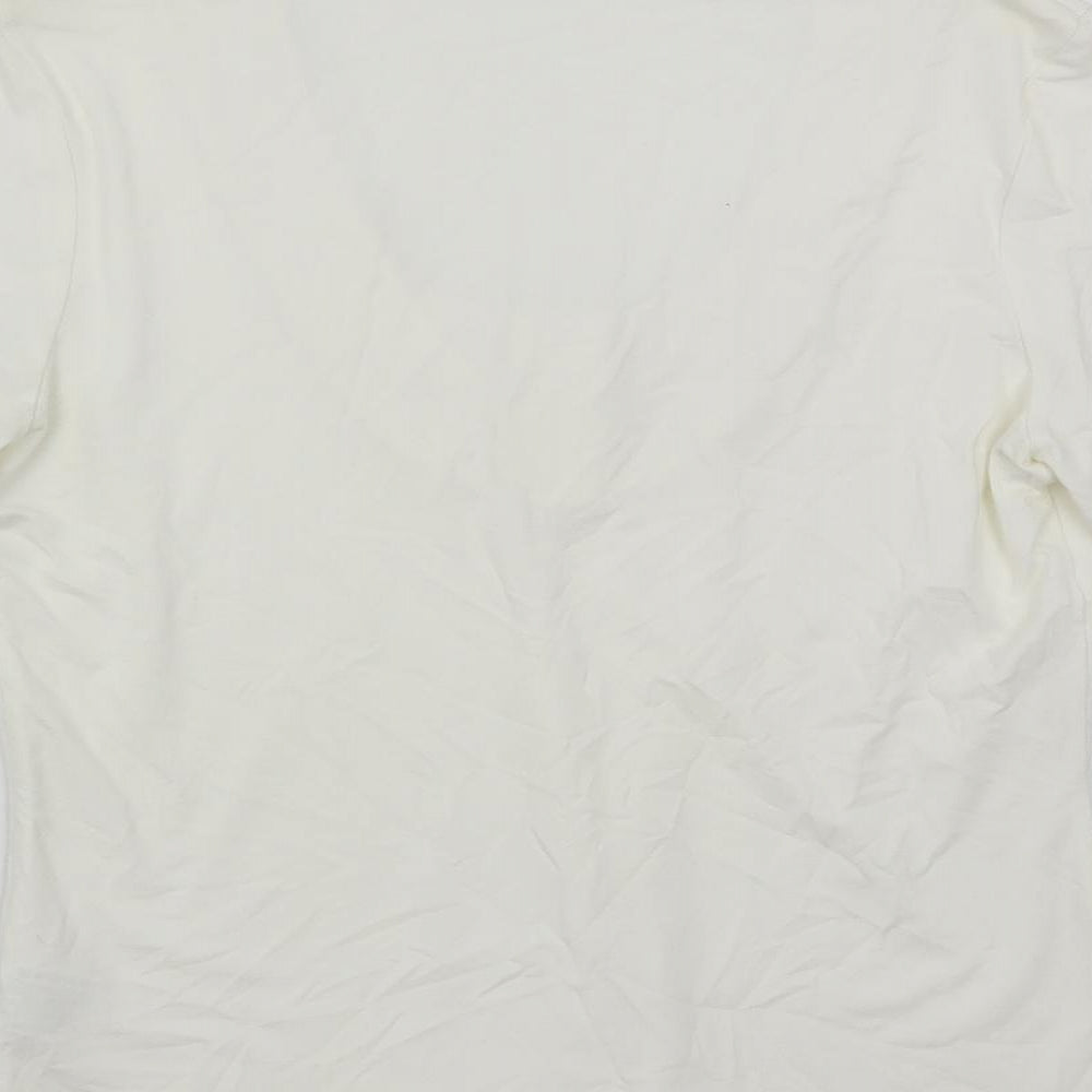 Brand and care label for Alex & Co. women’s white viscose basic blouse, size UK 12, scoop neck