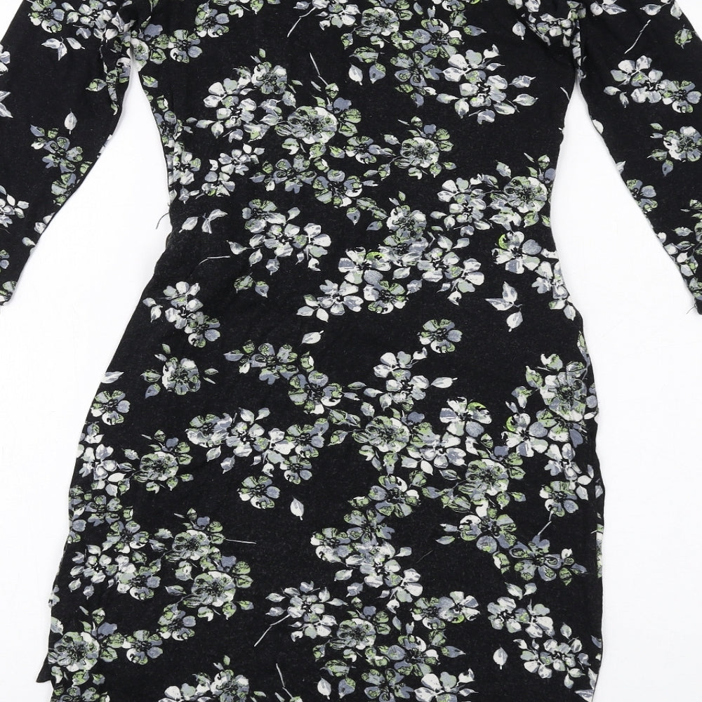 Dorothy Perkins Womens Black Floral Viscose Bodycon Size 10 Round Neck Pullover