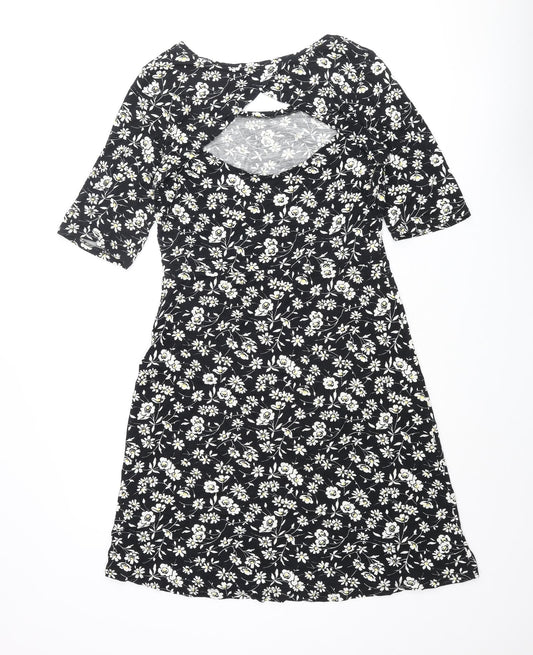 NEXT Womens Black Floral Viscose A-Line Size 12 Round Neck Pullover - Cut Out Back