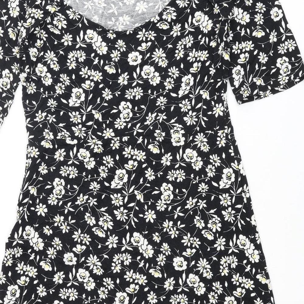 NEXT Womens Black Floral Viscose A-Line Size 12 Round Neck Pullover - Cut Out Back