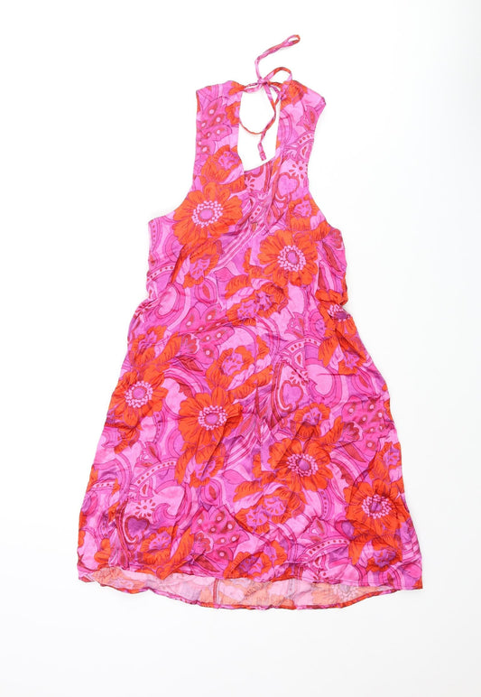 Topshop Womens Multicoloured Geometric Viscose Mini Size 6 Scoop Neck Tie - Drawstring Ring Floral Print