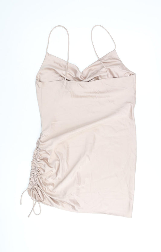 Topshop Womens Pink Polyester Slip Dress Size 12 Cowl Neck Pullover - Drawstring Side
