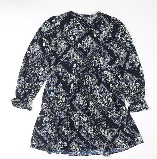 Marks and Spencer Womens Blue Geometric Polyester Shift Size 10 Round Neck Button - Smocked