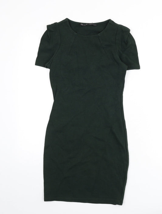 Zara Womens Green Cotton Pencil Dress Size XS Round Neck Zip