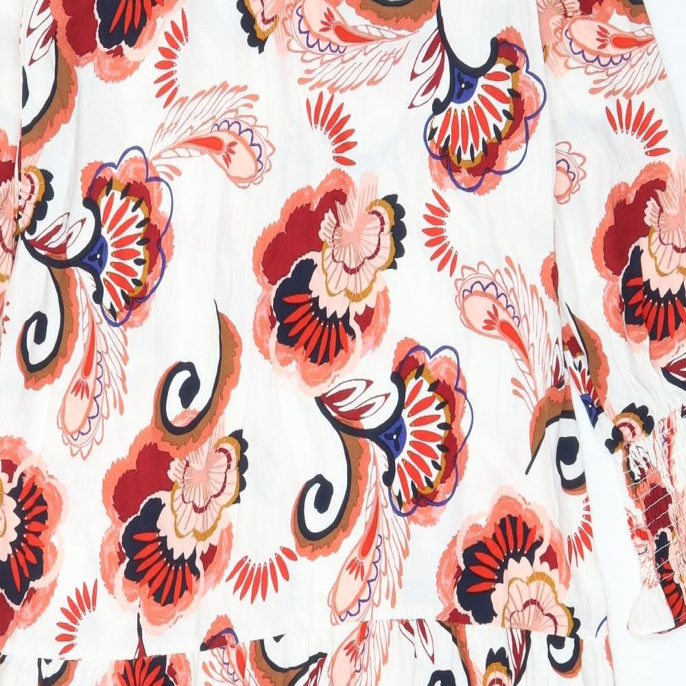 Marks and Spencer Womens Red Floral Viscose A-Line Size M Crew Neck Button - Embroided