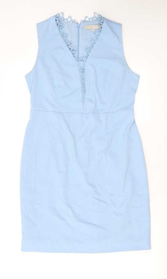 Fenn Wright Manson Womens Blue Polyester Pencil Dress Size 14 V-Neck Zip - Crochet Detail
