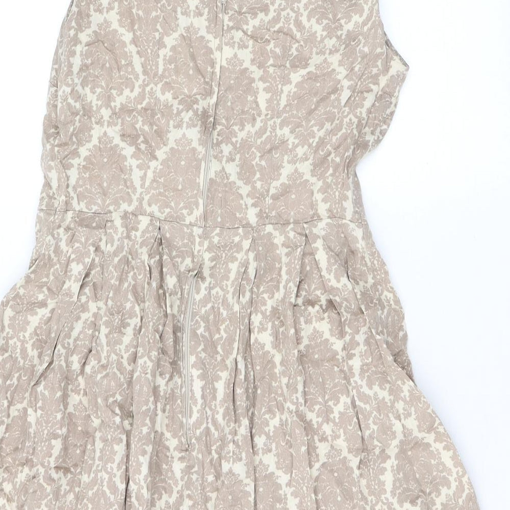 Dorothy Perkins Womens Brown Floral Cotton Skater Dress Size 12 Round Neck Zip