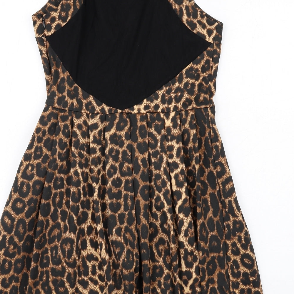 Oasis Womens Brown Animal Print Polyester A-Line Size 10 Round Neck Zip - Leopard Print Mesh Back