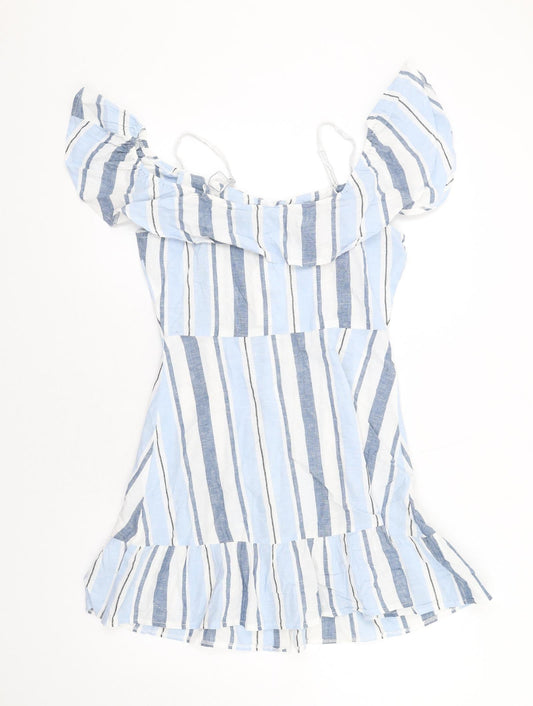 Lipsy Womens Blue Striped Cotton A-Line Size 8 Off the Shoulder Button