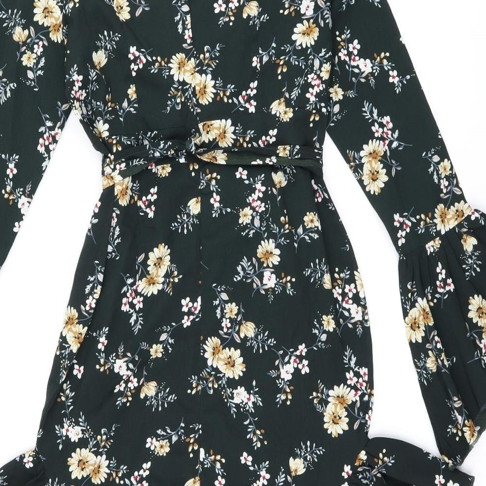PRETTYLITTLETHING Womens Green Floral Polyester Shift Size 10 V-Neck Zip - Frill Detail Cut Out Detail