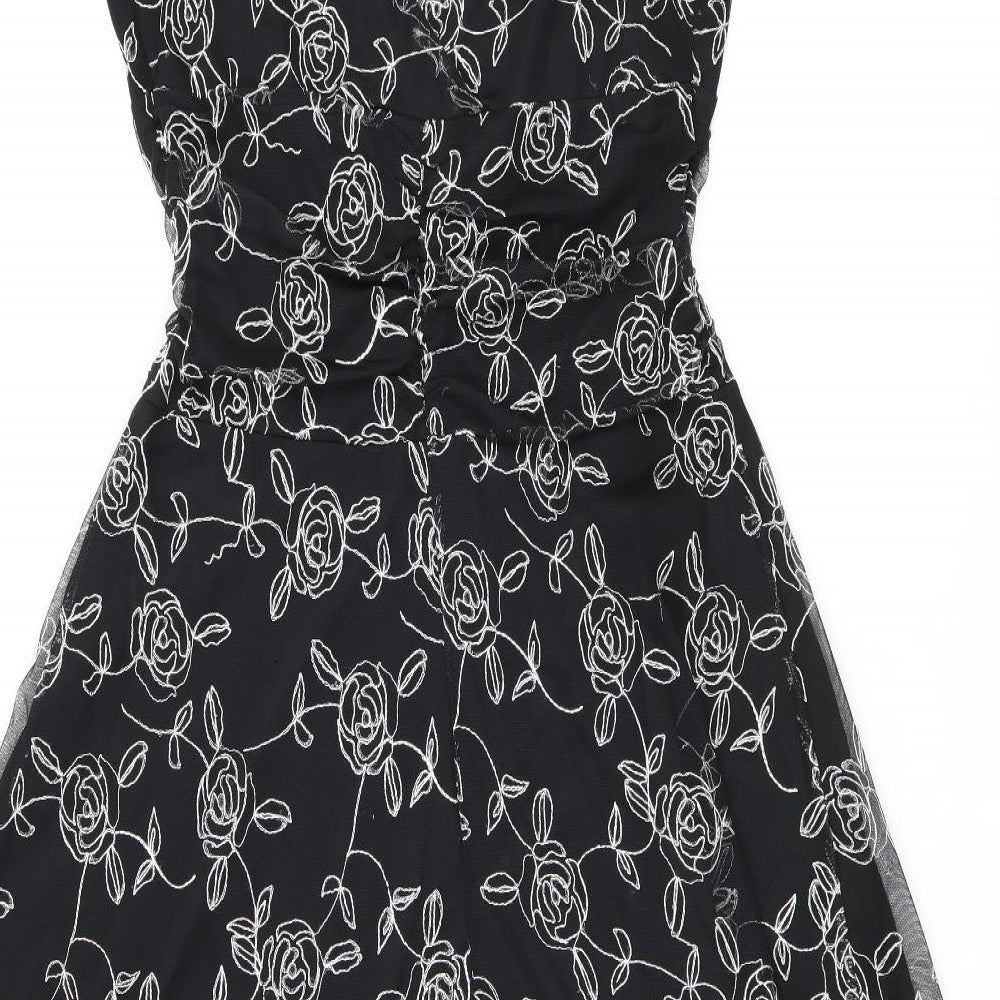 BHS Womens Black Floral Polyester A-Line Size 14 V-Neck Pullover